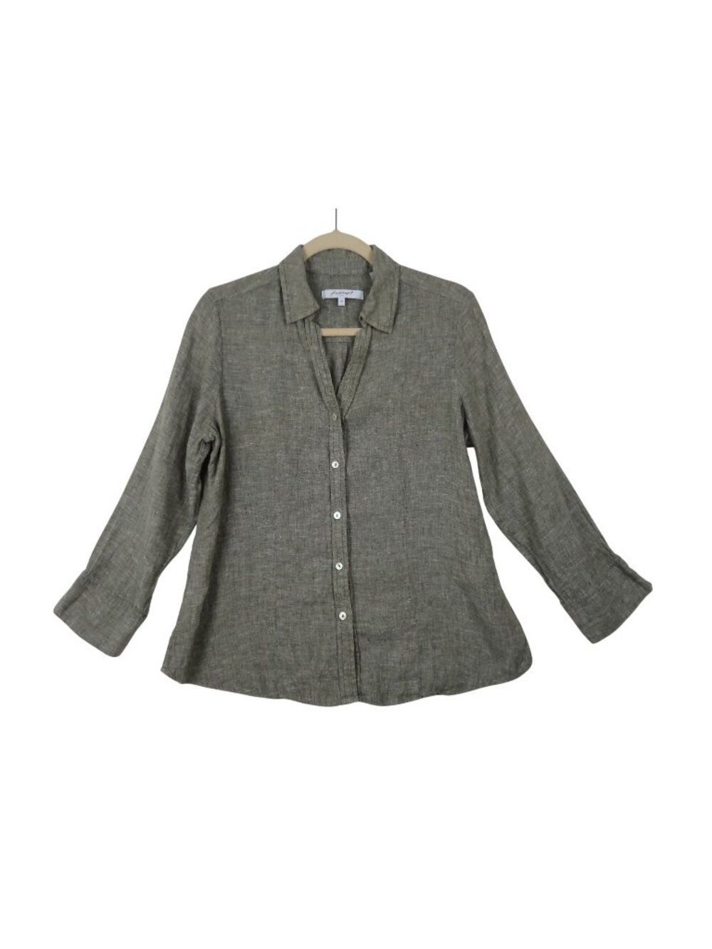 Foxcroft M Olive Green 100% Linen Button-Up Collared Blouse Top Shirt